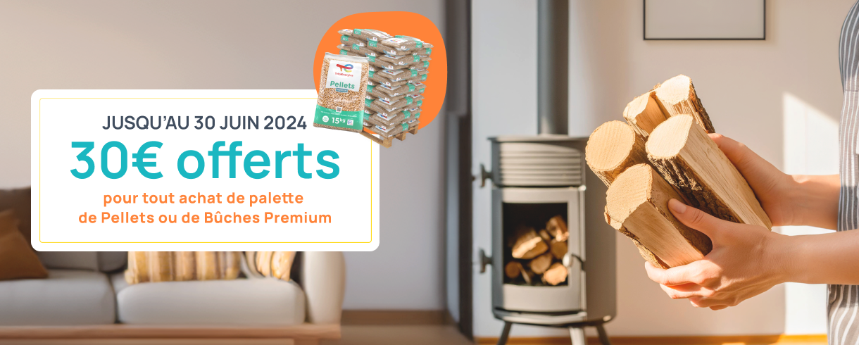 Jusqu'au 30 juin, 30€ offerts sur vos palettes de bois de chauffage